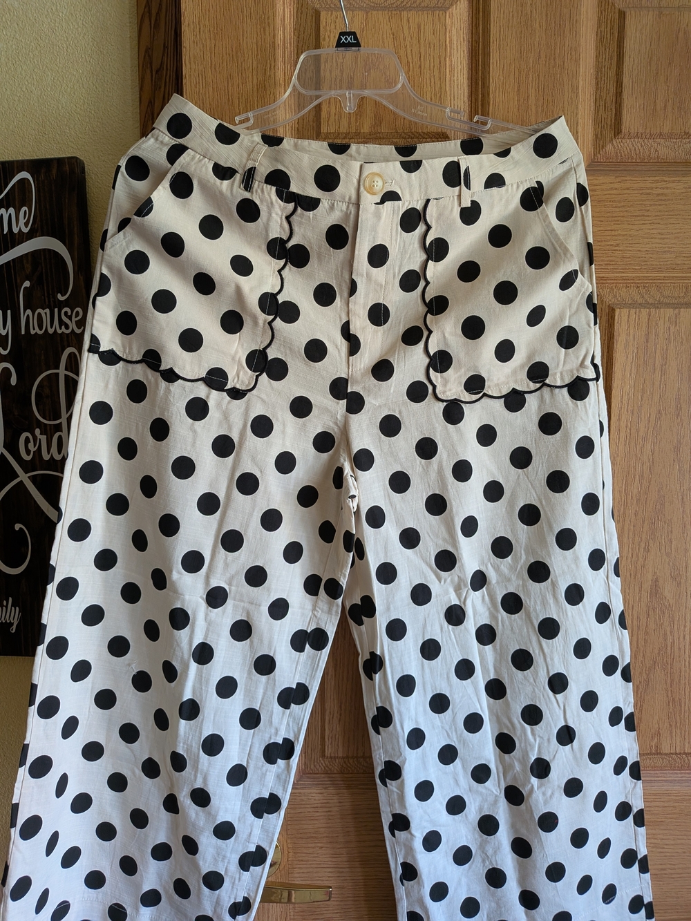 JODIFL White Wide Leg Pants with Black Polka Dots Scalloped Hem And Pockets
